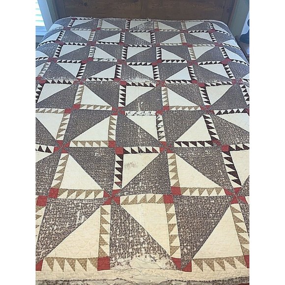Antique 1920's Lady of the Lake Quilt Large Square Brown Red Hand Stitched Old - Picture 1 of 12